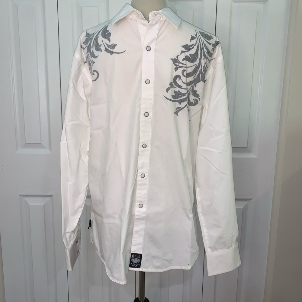 Rock 47 snap front white with design SzLg men’s shirt